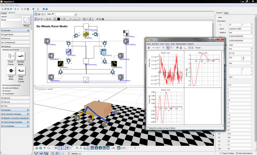 MapleSim se utiliza para desarrollar rápidamente un modelo multidominio de alta fidelidad de explorador robótico del espacio